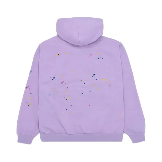 Purple hoodie with colorful speckles on the back against a white background