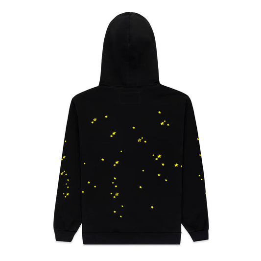 Black hoodie with yellow star patterns on a white background