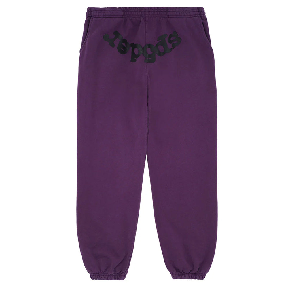 Purple sweatpants with a brand logo on a white background