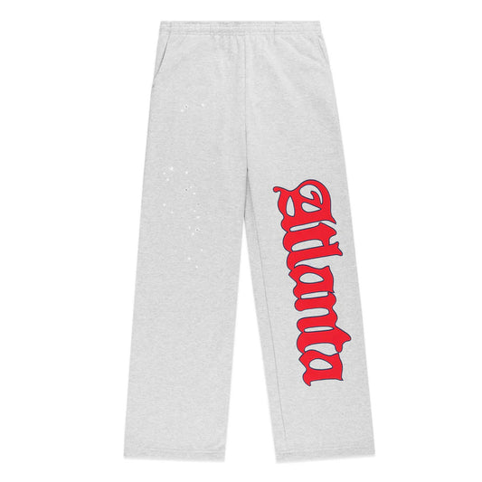 Gray sweatpants with red text on a white background