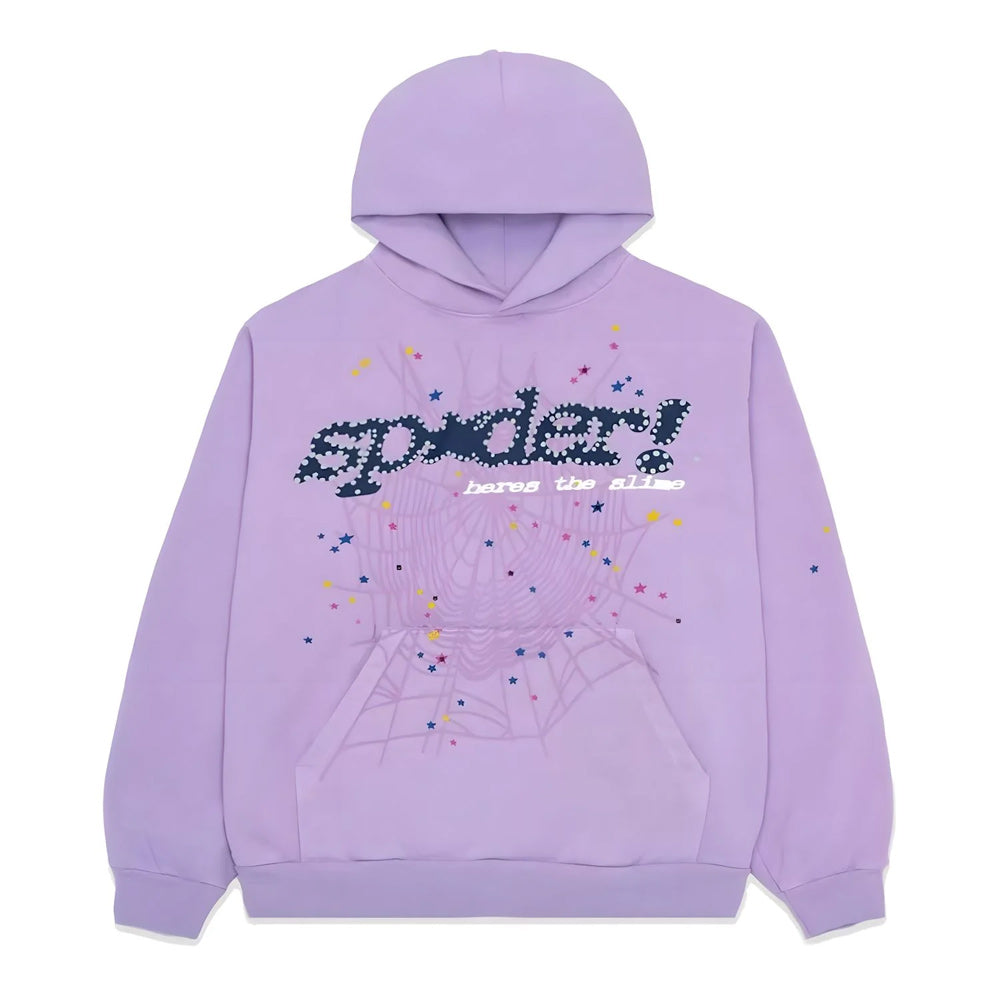 Purple hoodie with colorful star design and text on a white background