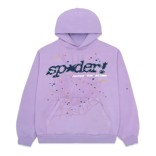 Purple hoodie with colorful star design and text on a white background