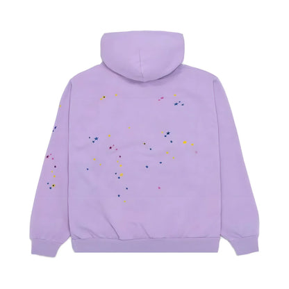 Purple hoodie with colorful speckles on the back against a white background