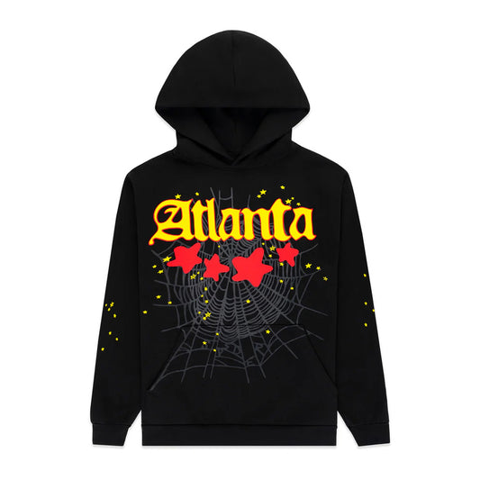 Black hoodie with 'Atlanta' text and spider web design on a white background