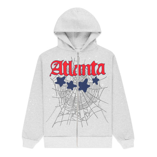 Gray hoodie with 'Atlanta' text and spider web design on a white background