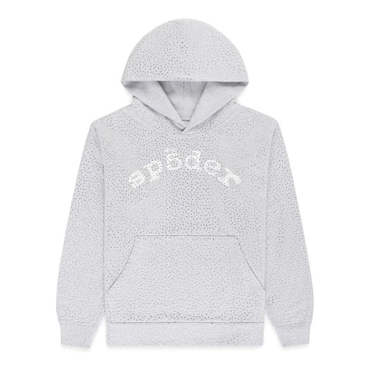 Light gray textured hoodie with brand logo on a white background