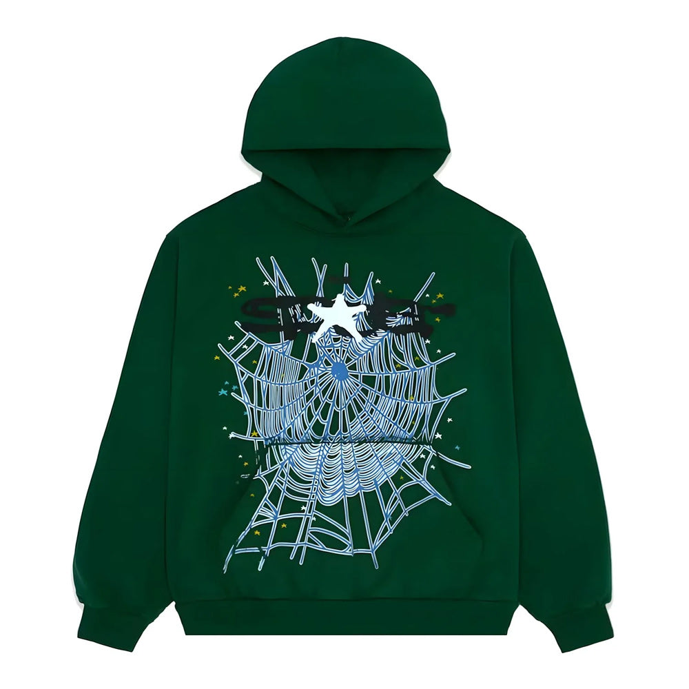 Green hoodie with spider web design on a white background