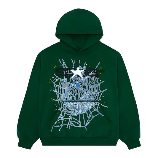 Green hoodie with spider web design on a white background