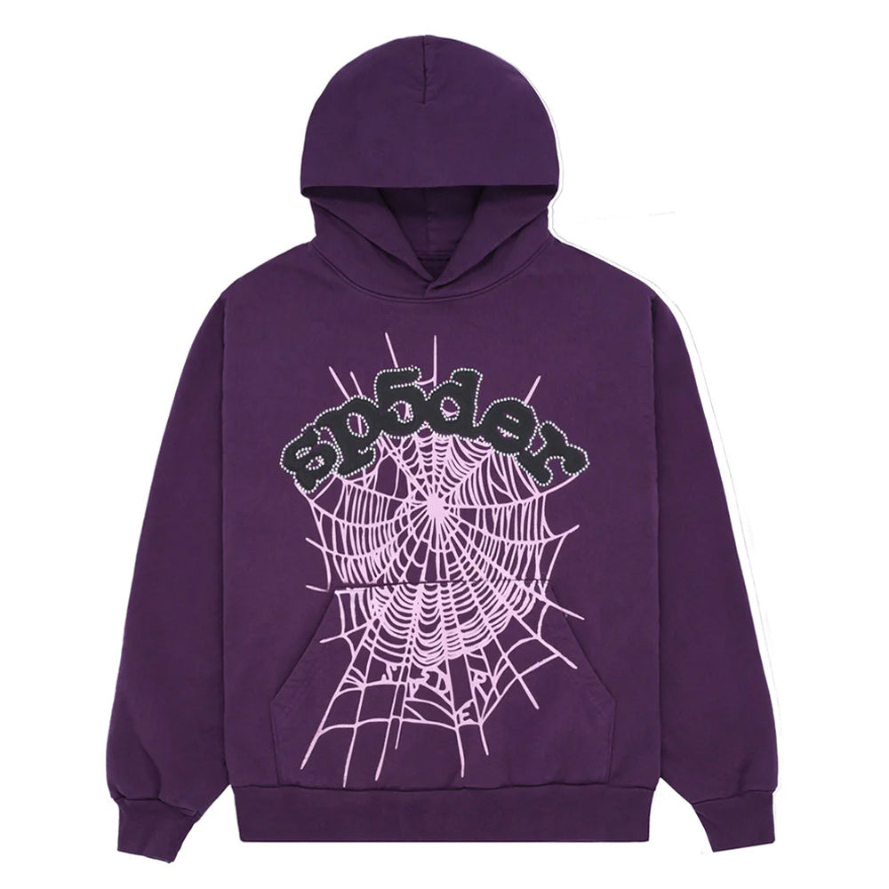 Purple hoodie with spider web design and text on a white background