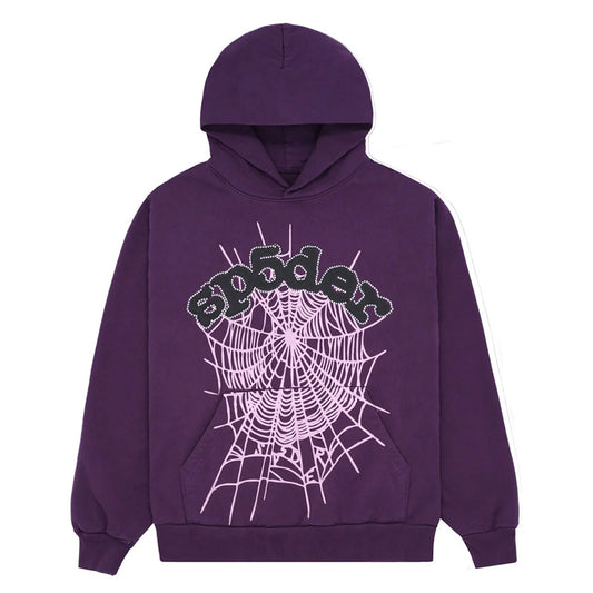 Purple hoodie with spider web design and text on a white background