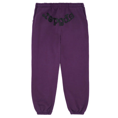 Purple sweatpants with a brand logo on a white background