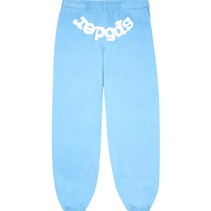 Light blue sweatpants with a brand logo on a white background