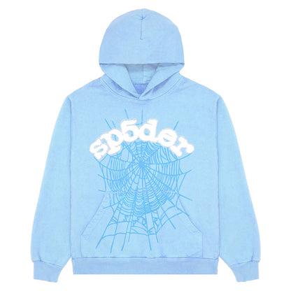 Light blue hoodie with spider web design and text on a white background